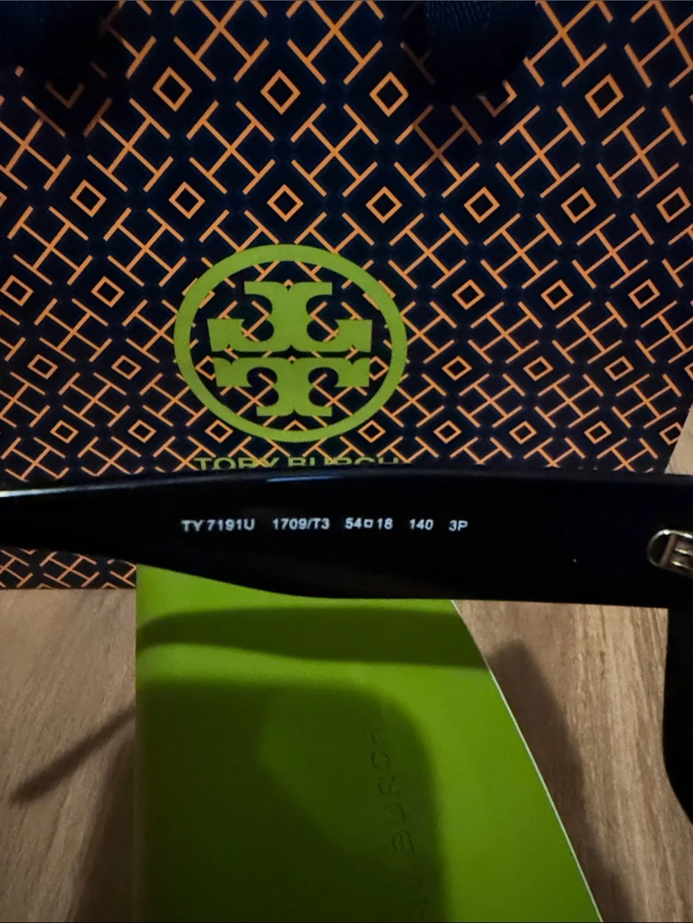 Tory Burch Glossy Black Oversized Square Sunglasses with Lime Green Case